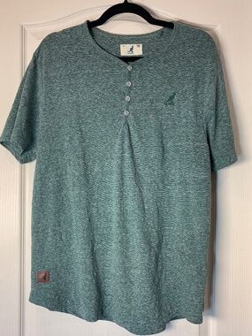 Kangol Green Speckled Henley T-Shirt Relaxed Streetwear Logo Tee Size L